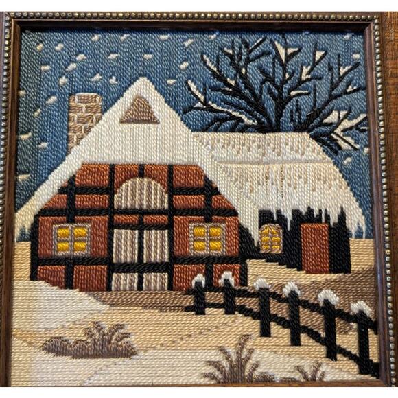 VTG Framed Crewel Longstitch Needlepoint Winter Cabin Rustic Handmade Art 12X12 - Picture 2 of 6